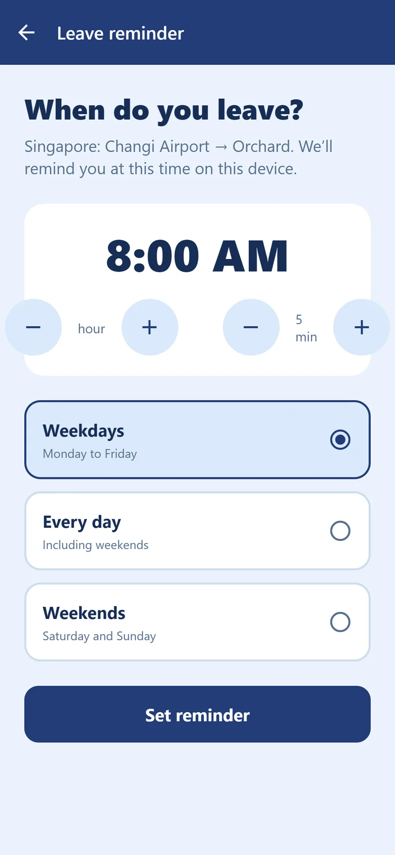 metroinfogo app: Leave reminders. Weekdays, weekends or every day.