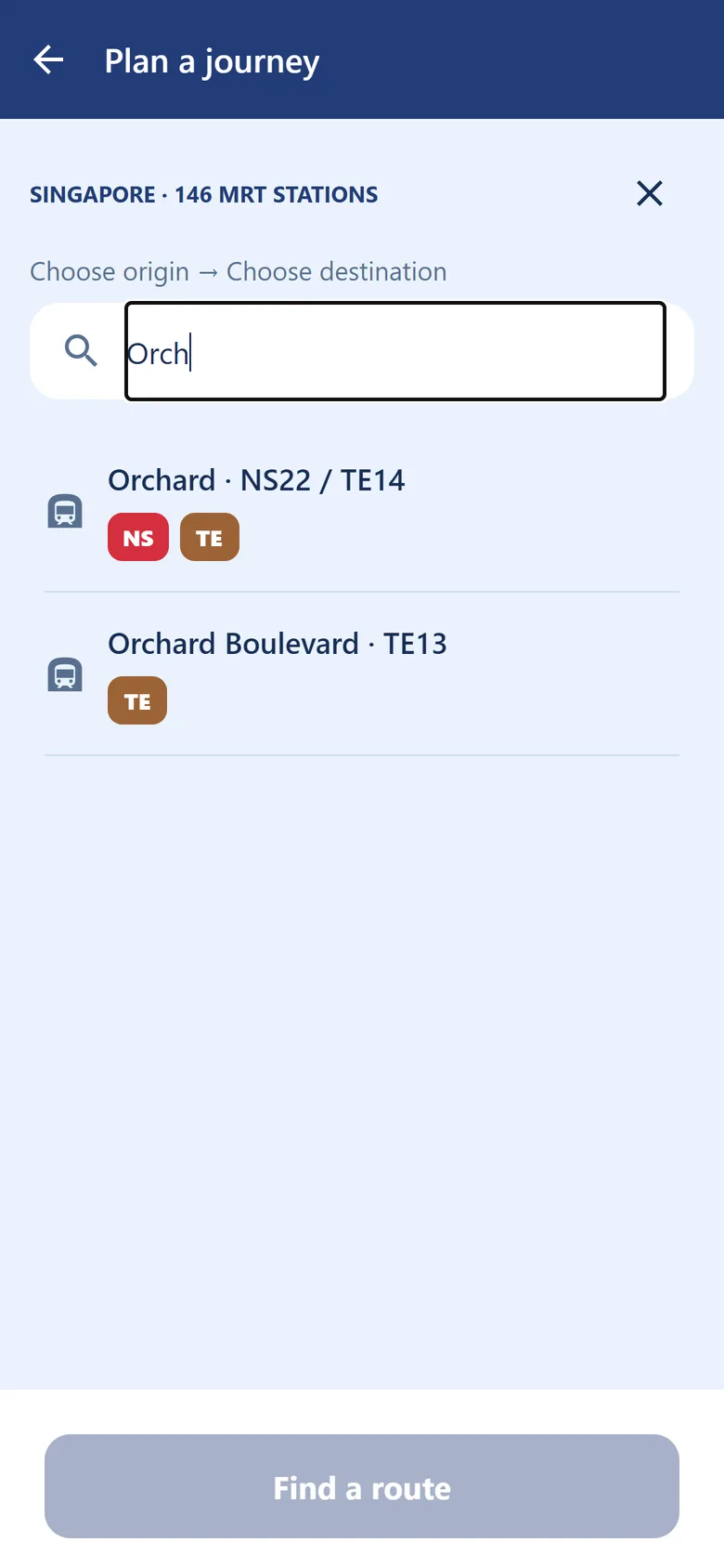Station search: typing Orch finds Orchard on the North South and Thomson–East Coast lines